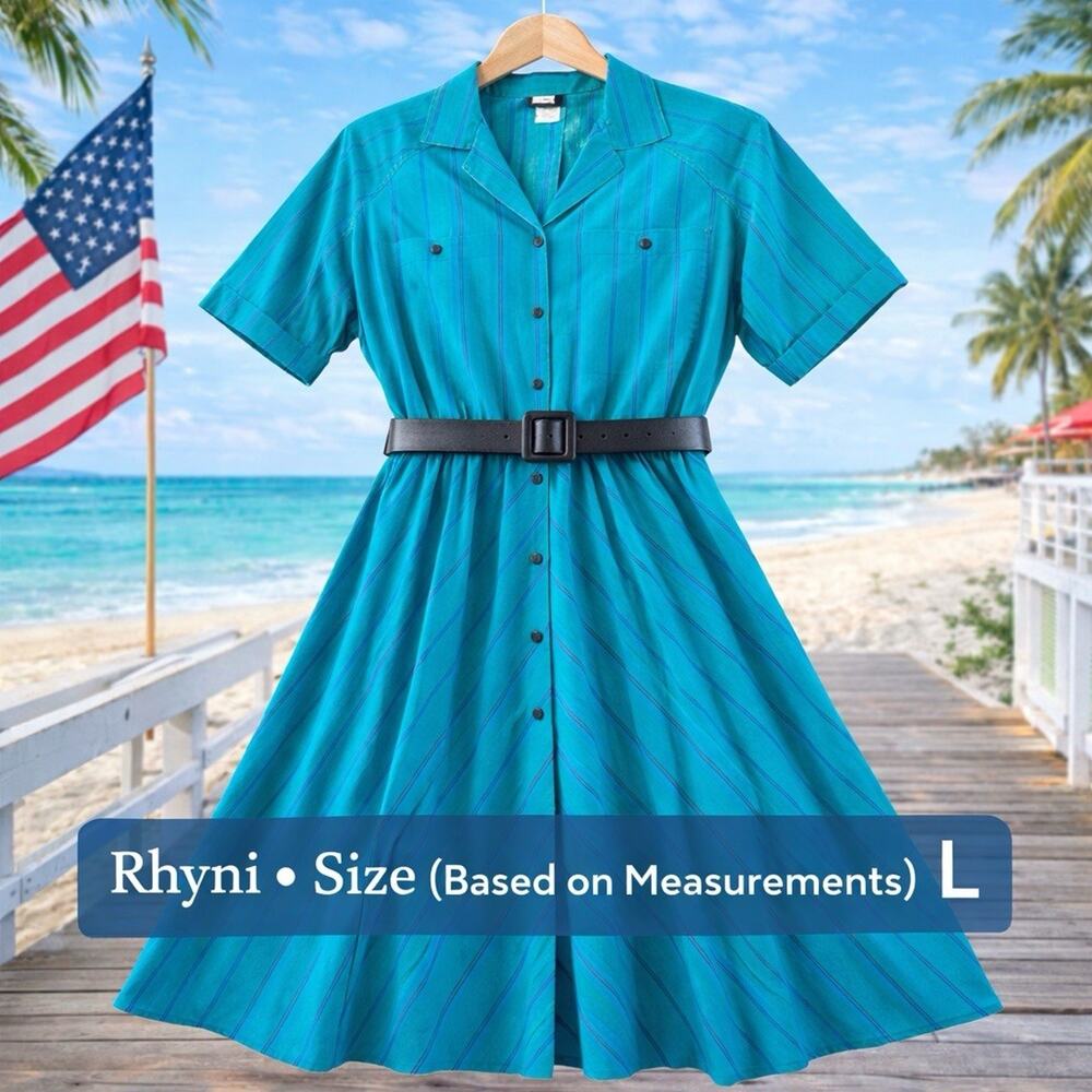 Vintage Rhyni Teal Striped Shirt Dress Womens Belted Button Front Midi Retro 80s